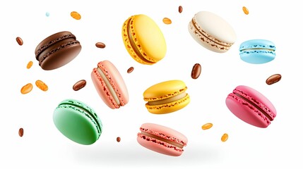 Wall Mural - Colorful macarons floating in the air, showcasing various flavors and designs in a playful arrangement