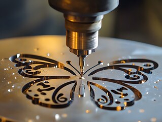 Fototapete - CNC Machine Cutting Intricate Butterfly Design on Metal Sheet