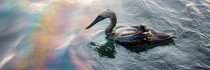 Aufkleber - Oil spill impacts seabird life in ocean at midday with rainbow sheen on the water surface. Generative AI