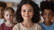 © Sakda - A heartwarming, close-up shot of a female kindergarten teacher embracing her diverse students, kids looking directly at the camera with joyful expressions, warm and cozy indoor lighting, soft backgrou