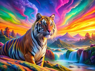 Wall Mural - panoramic psychedelic colorful tiger: vibrant stripes, surreal landscape