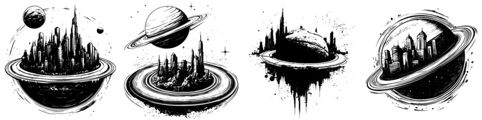 creative hand drawn vector illustration sketch of planets and cityscapes in outer space showing uniq