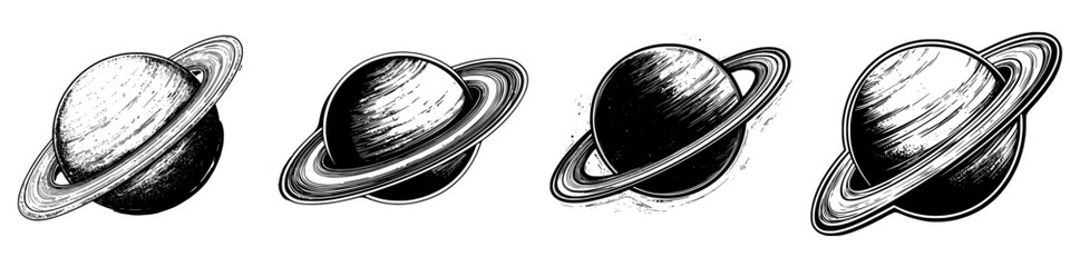 Wall Mural - hand-drawn vector illustration of various depictions of saturn showcasing its rings and planet surfa