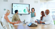 © peopleimages.com - Business people, presentation for finance success, growth and achievement, leader happy about graph with sales, SEO or kpi infographic. Men and women in meeting for performance results