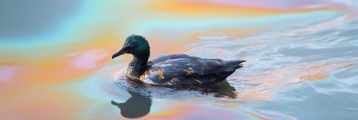 Wall Mural - oil spill in ocean reveals struggling seabird amidst vibrant rainbow sheen at a coastal location. ge