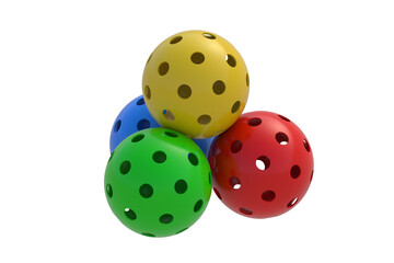 heap of pickleball balls isolated on white background. sports equipment. 3d render