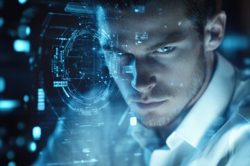 Leinwandbilder - A man's face is overlaid with a futuristic digital interface, suggesting technological integration or augmented reality.