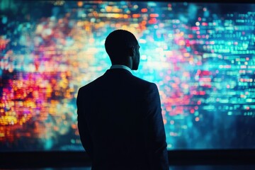 Aufkleber - A businessman stands silhouetted against a vibrant, data-rich screen, contemplating complex information.