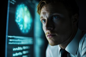 Fototapete - A pensive young man gazes intently at a computer screen displaying complex data, possibly analyzing brain activity or code.