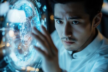 Poster - A focused young man interacts with a futuristic, holographic data display, analyzing complex information.