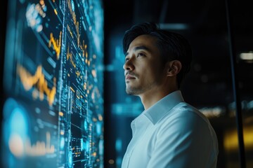 Fototapete - A man thoughtfully observes a large screen displaying complex data visualizations and code.