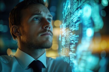Aufkleber - A businessman intently studies a holographic display of complex code, showcasing technological innovation and data analysis.