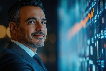 Poster - Confident businessman looking at financial data on a large screen, showcasing success and strategic planning.