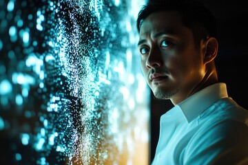 Fototapete - A man in a white shirt stands before a wall of flowing digital data, his expression intense and thoughtful.