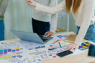 Wall Mural - ux/ui designers discuss and brainstorm layouts for website and mobile app prototypes in website and 