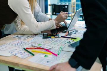 Wall Mural - ux/ui designers discuss and brainstorm layouts for website and mobile app prototypes in website and 