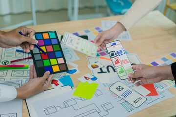 Wall Mural - ux/ui designers discuss and brainstorm layouts for website and mobile app prototypes in website and 