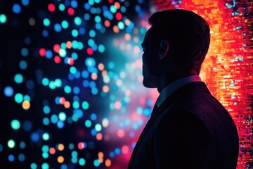 Aufkleber - A businessman silhouetted against a vibrant backdrop of colorful bokeh lights, symbolizing innovation and digital transformation.