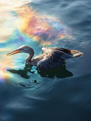 Poster - Oil spill causes distress for seabird amidst colorful sheen on ocean surface near coastline. Generative AI