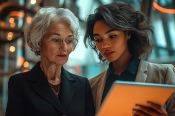 Poster - Two businesswomen, one older and one younger, collaborate using a tablet, showcasing mentorship and intergenerational teamwork.