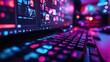 © ROY - Close-up of illuminated computer keyboard and monitor displaying video thumbnails.