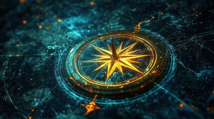 Wall Mural - a glowing north compass symbol, overlayed on a map of the northern hemisphere