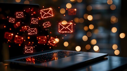 Glowing red email icons float above laptop keyboard with bokeh lights background creating magical digital communication concept for marketing campaigns.