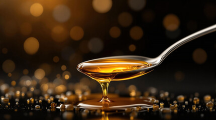 Fototapete - A close-up of a spoon filled with golden liquid, likely honey, set against a dark background with a bokeh effect. The honey has a glossy sheen, reflecting light and giving it a warm,
