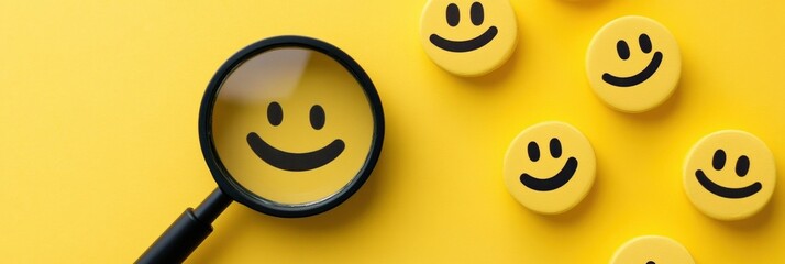 Aufkleber - Magnifying glass highlighting a smiling face on a bright yellow background with smiley tokens scattered around. Generative AI