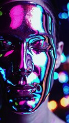 Poster - a mesmerizing display of a human face covered in reflective material, showcasing shifting colors and