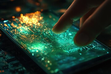 Poster - A finger interacts with a glowing circuit board displayed on a smartphone screen, showcasing advanced technology.