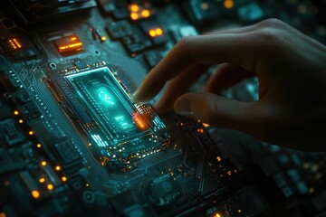Leinwandbilder - A hand interacts with a glowing, futuristic computer motherboard, showcasing advanced technology.