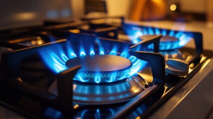 Fototapete - Stylish modern kitchen featuring vibrant blue flames on a sleek gas stove during evening cooking. Generative AI