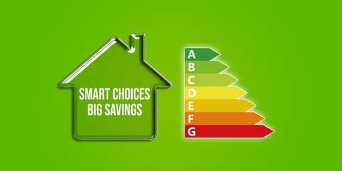 Wall Mural - Smart Choices, Big Savings text message inside eco home. Energy efficiency chart and green background