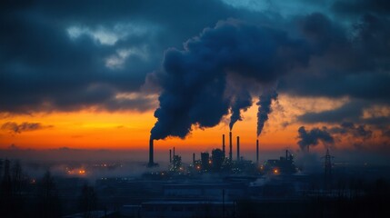 Poster - Industrial plants emit smoke against a vibrant sunset sky in a city skyline. Generative AI