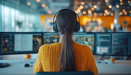 Woman coding in modern office