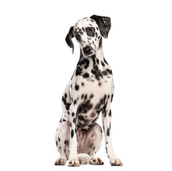 Poster - Dalmatian dog sitting and looking slightly to the side, isolated on a white background