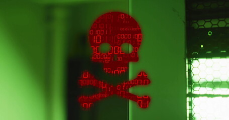 Wall Mural - image of binary coding and data processing over skull and bones by computer servers