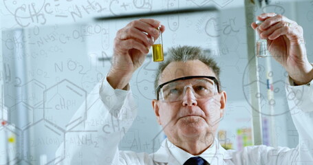 Canvas Print - image of mathematical equations over caucasian male scientist doing experiment in lab