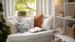 © Юлия Падина - Cozy window seat with cushions and open book for relaxation and reading