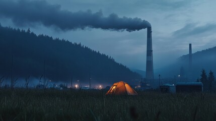 Poster - Camping near industrial area with smoke rising from chimneys and a tent illuminated at dusk. Generative AI