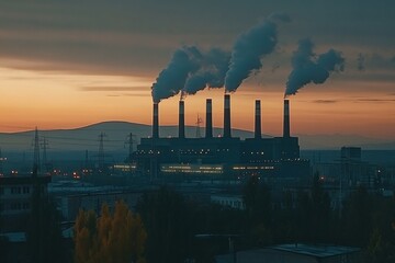 Poster - Industrial power plant releases smoke into the sky during sunset in an urban landscape offering serene contrast. Generative AI