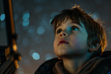 Wall Mural - young boy kid astronomer at a night, generative ai