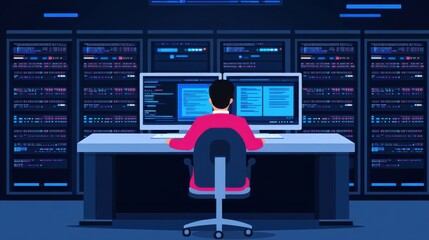 Wall Mural - person working at computer in data center with server racks and digital displays in dark environment