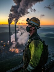 Poster - Industrial worker surveys power plant during sunset with smoke rising from tall chimneys near mountainous terrain. Generative AI