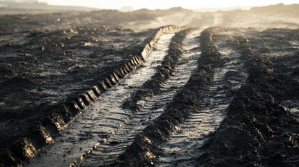 Leinwandbilder - Deep tire tracks on muddy ground at sunset reveal the aftermath of vehicle movement in an agricultural field. Generative AI