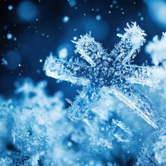 Leinwandbilder - Frosty snowflake showcasing intricate patterns under soft blue lighting amidst a winter backdrop. Generative AI