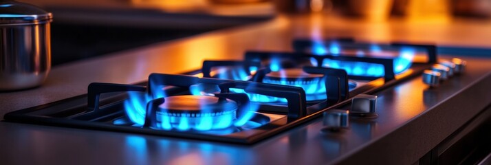 Leinwandbilder - Elegant modern kitchen featuring blue gas flames on a stylish stove during warm evening light. Generative AI
