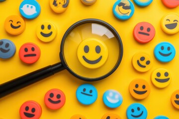 Aufkleber - Happy smiley faces arranged on a vibrant yellow surface with a magnifying glass emphasizing a central joyful emoji expression. Generative AI