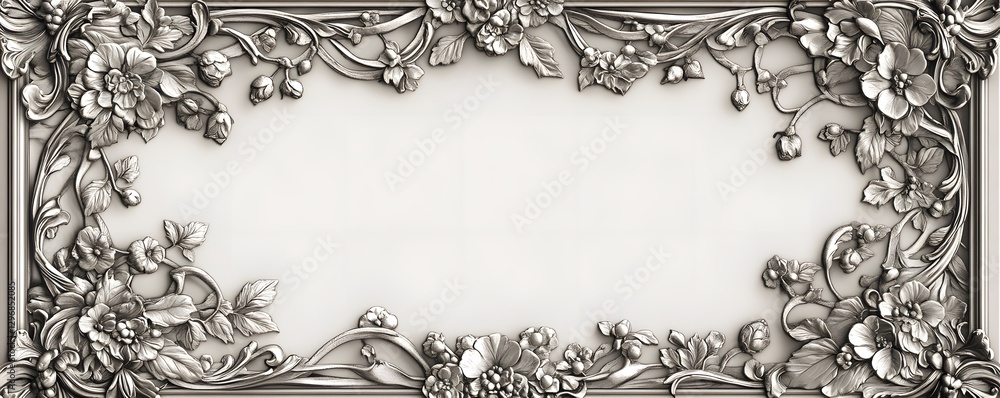 Decorative silver frame with floral embellishments surrounds a white ...
